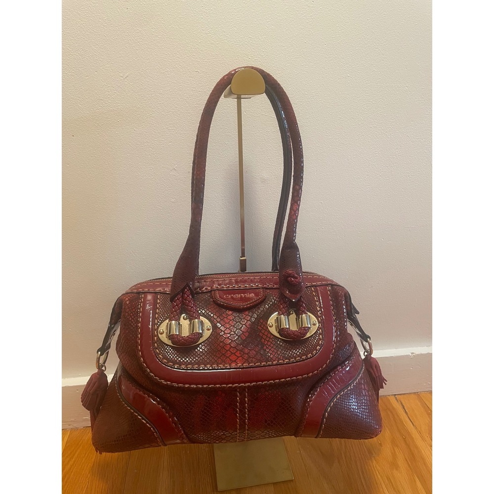 Cromia Leather Satchel Burgundy Red Snakeskin Embossed Patent Trim Italian Made